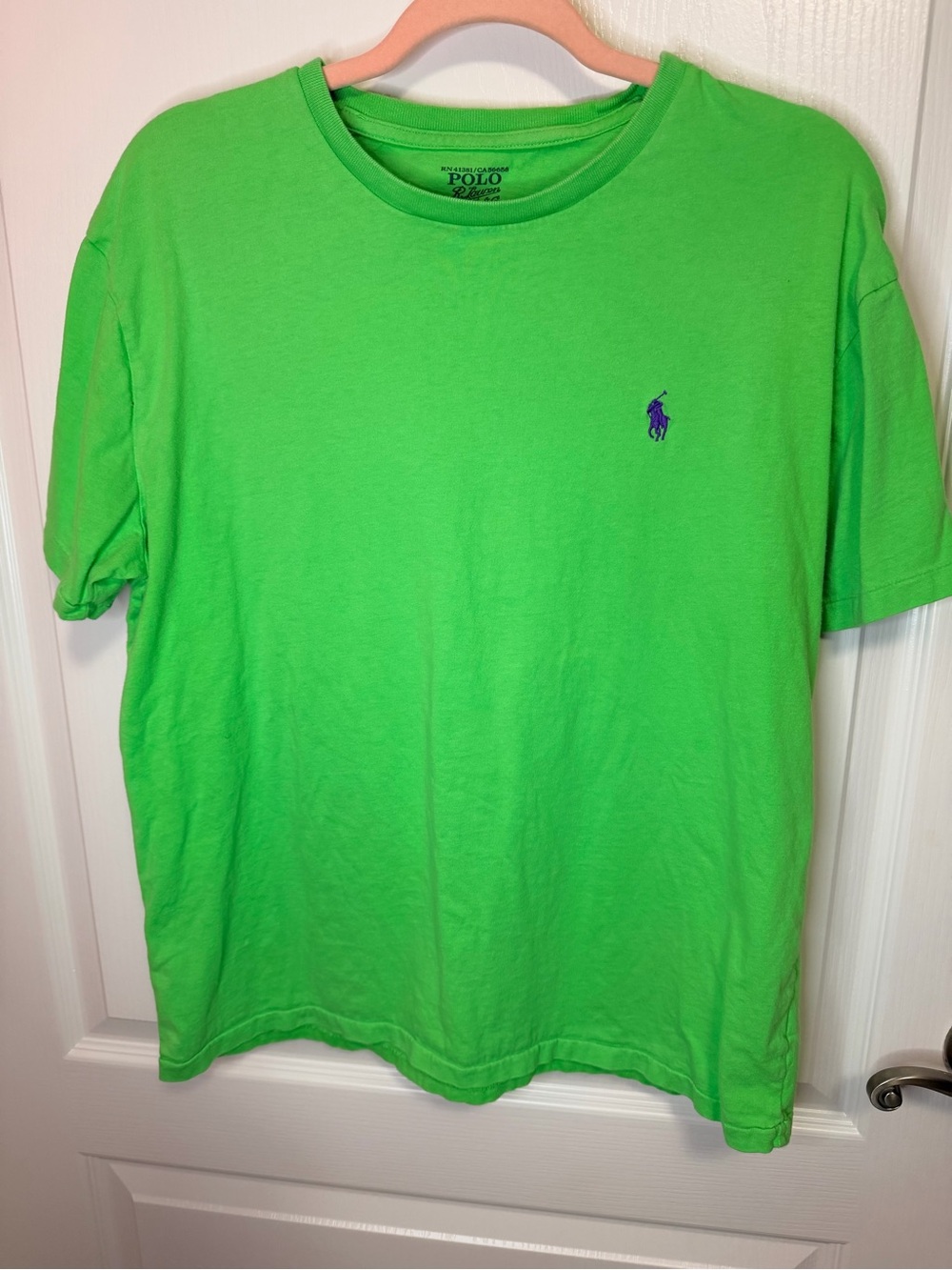 Polo by Ralph Lauren Men’s Bright Neon Green Crew T-Shirt with Purple Pony